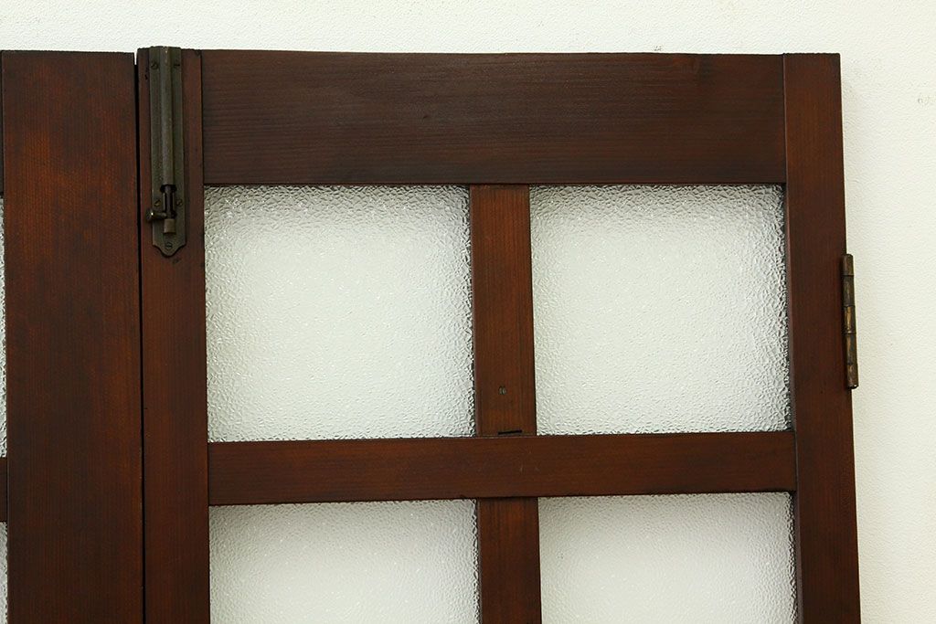 アンティーク　両開き　重厚な枡目格子ダイヤガラスの親子ドアセット(扉・建具)