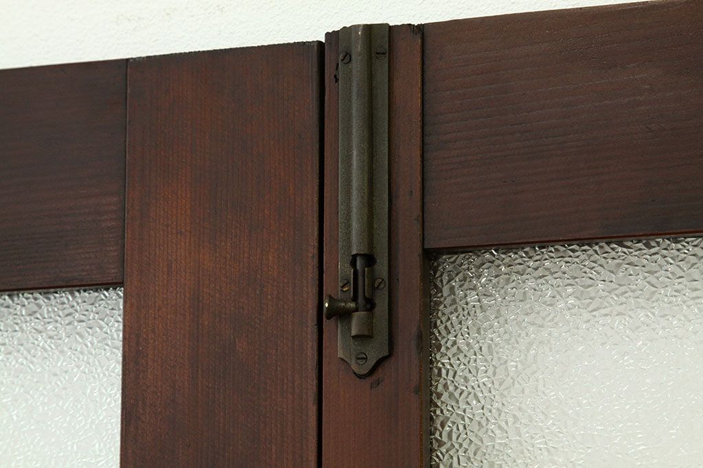 アンティーク　両開き　重厚な枡目格子ダイヤガラスの親子ドアセット(扉・建具)