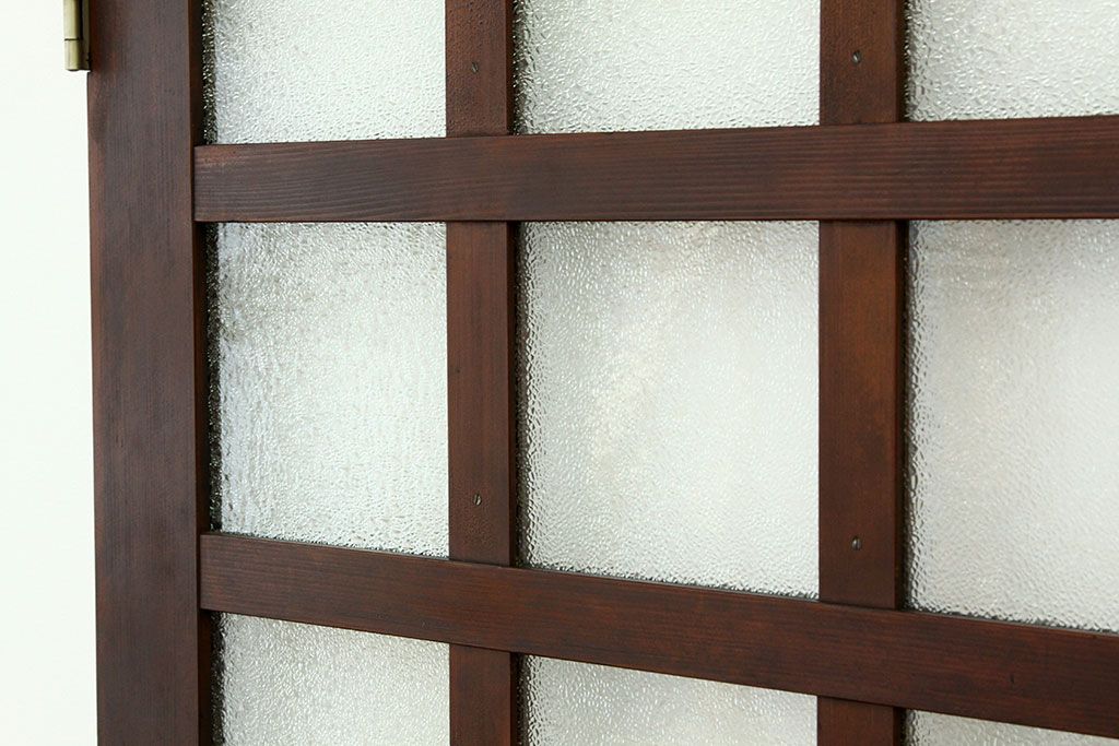 アンティーク　両開き　重厚な枡目格子ダイヤガラスの親子ドアセット(扉・建具)