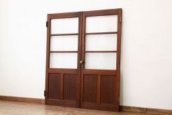 アンティーク　古い木のモールガラス観音開きドアセット(扉・建具)