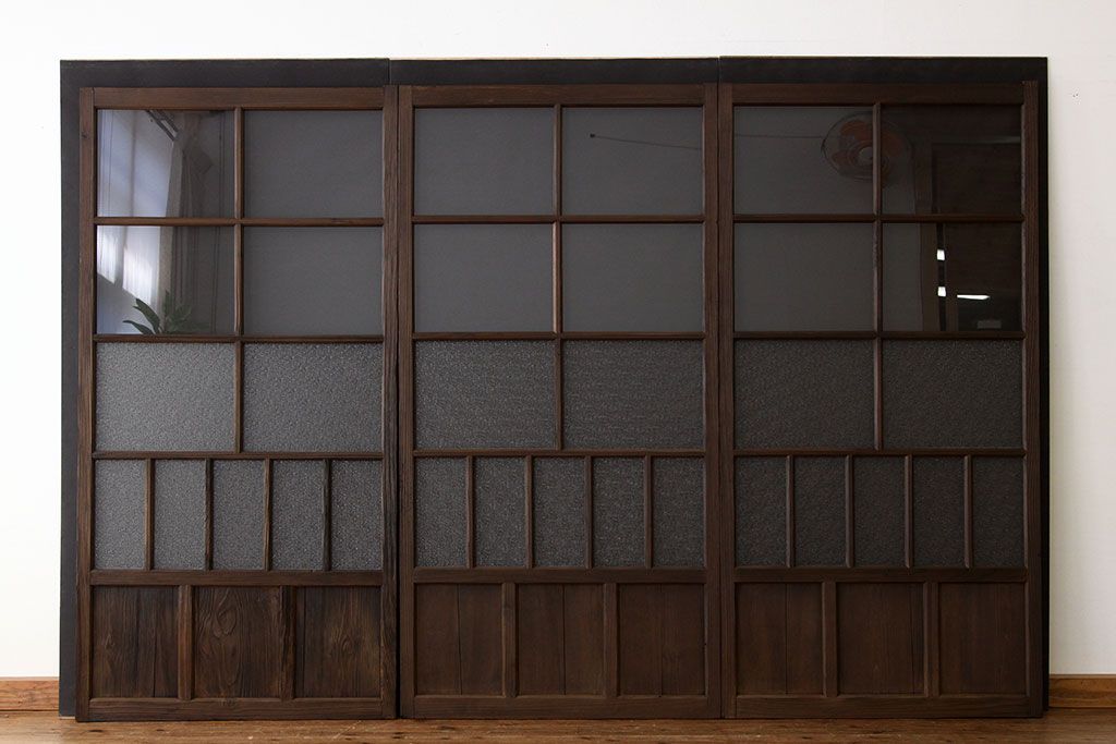 昭和レトロ　古い木のダイヤガラス引き戸3枚セット(アンティークガラス戸)