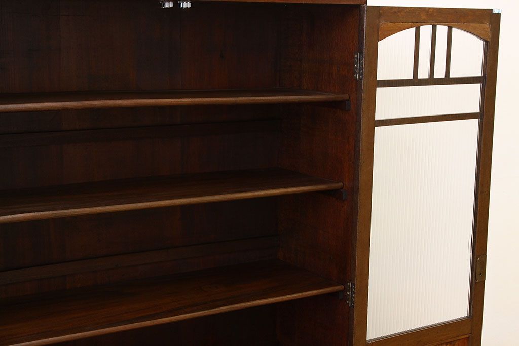 アンティーク家具　アンティーク　古いナラ材の内側引き出しモールガラス本箱(収納棚)