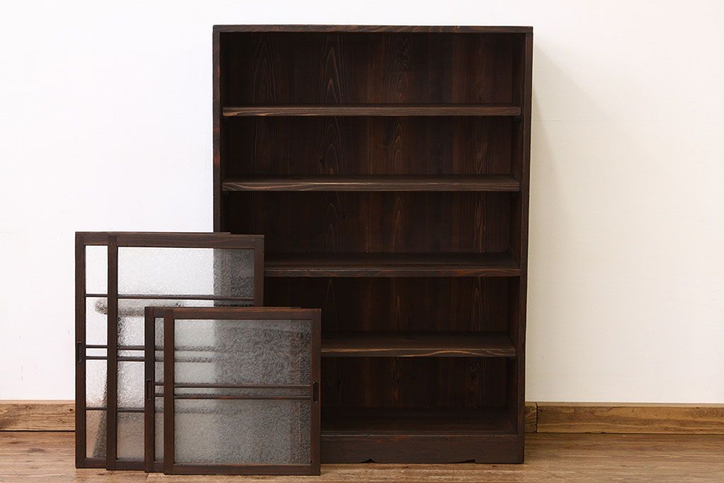 レトロ家具　昭和レトロ　古い木の結霜ガラス入り大型収納棚(下駄箱)