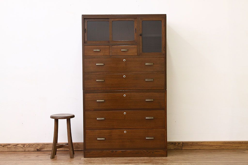 レトロ家具　☆昭和レトロ　モールガラスの二段重ねチェスト(箪笥・たんす・ドロワー)
