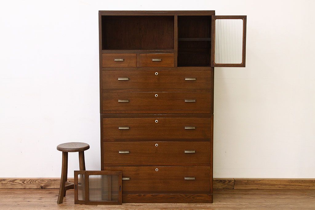 レトロ家具　☆昭和レトロ　モールガラスの二段重ねチェスト(箪笥・たんす・ドロワー)