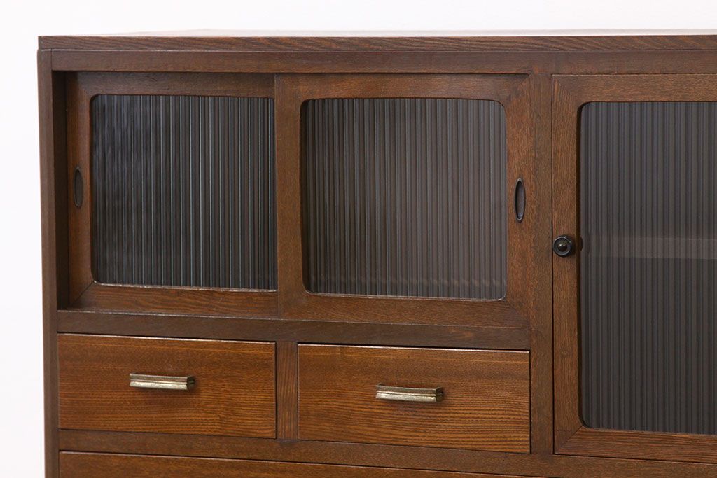 レトロ家具　☆昭和レトロ　モールガラスの二段重ねチェスト(箪笥・たんす・ドロワー)