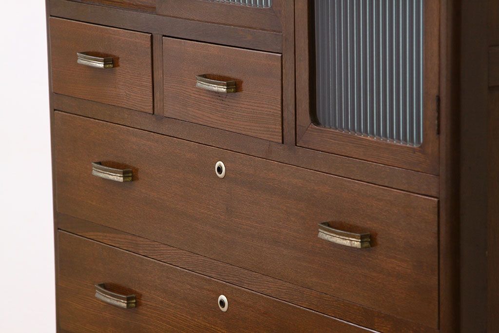 レトロ家具　☆昭和レトロ　モールガラスの二段重ねチェスト(箪笥・たんす・ドロワー)