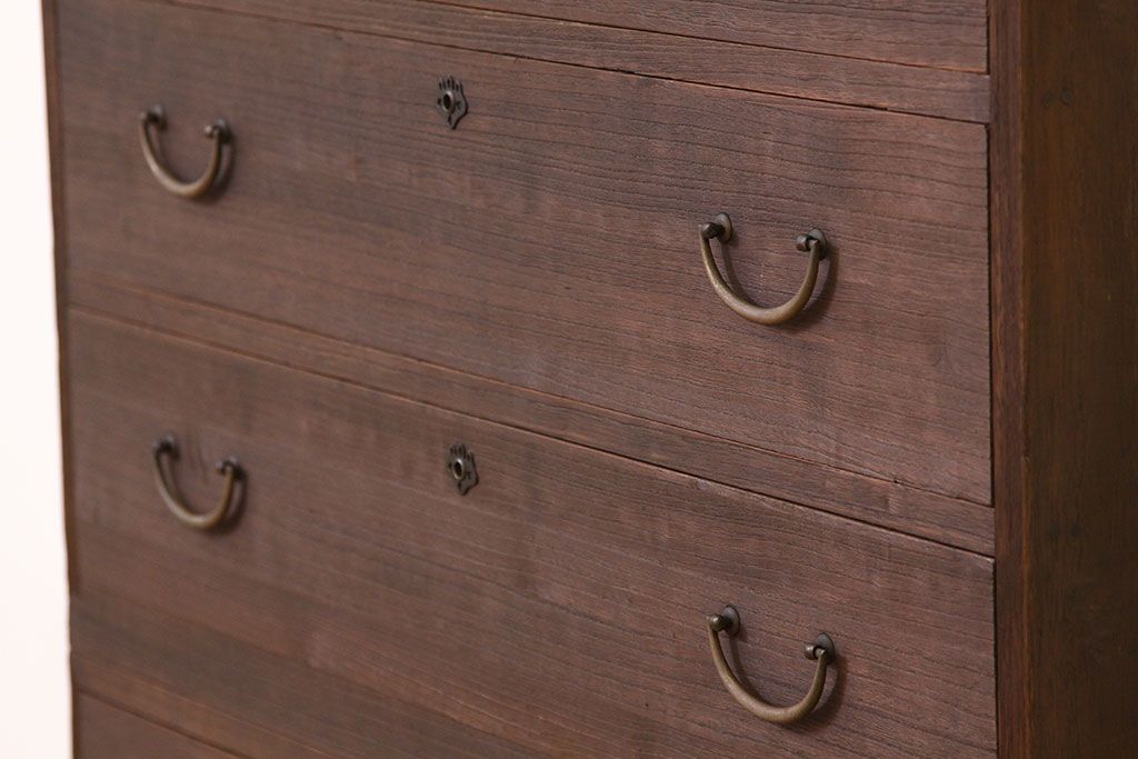 アンティーク家具　☆アンティーク　古い桐材鉄脚付き　5丁引き出し重ねチェスト(箪笥アイアン、桐箪笥、桐たんす)