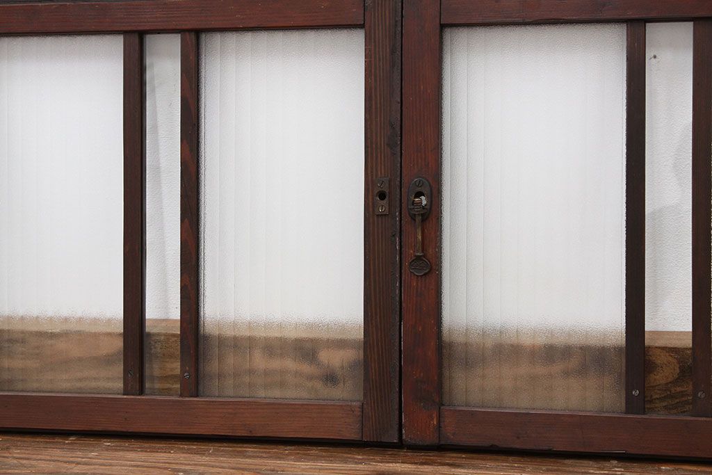 昭和レトロ　古い木のペイント銀モールガラス窓4枚セット(ガラス戸)