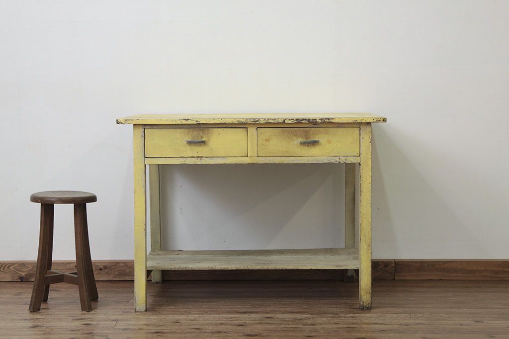 レトロ家具　★昭和レトロ 引き出し付きペイント作業台(テーブル・机)
