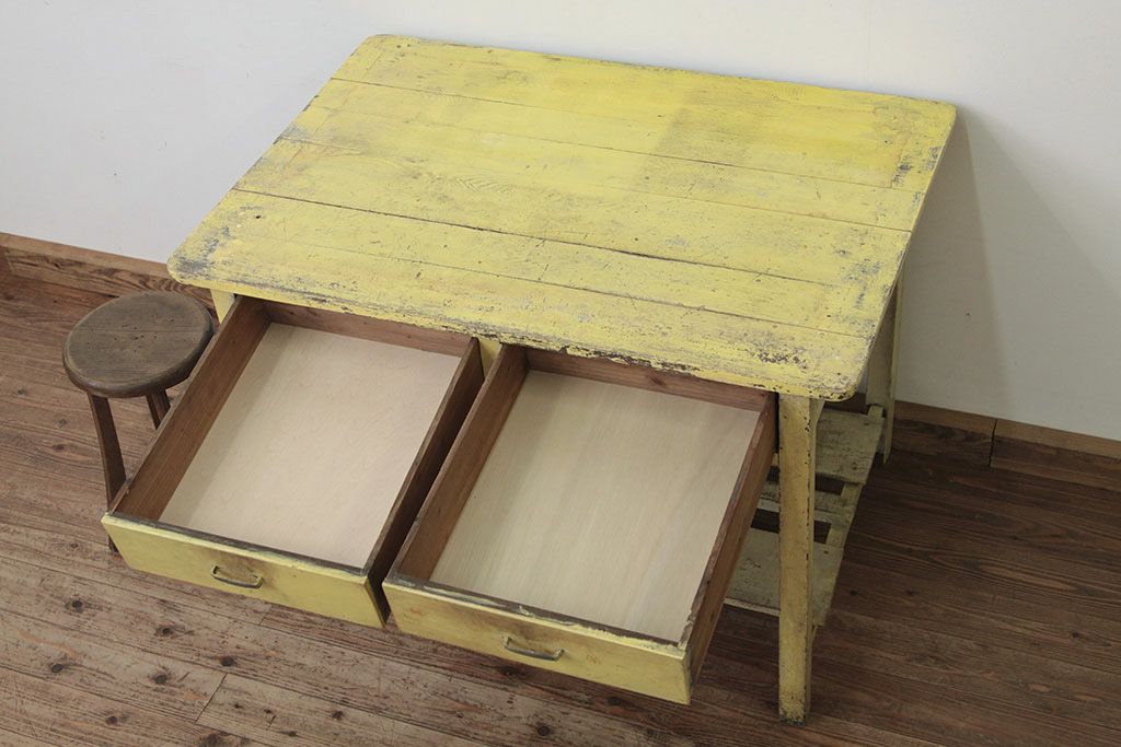 レトロ家具　★昭和レトロ 引き出し付きペイント作業台(テーブル・机)