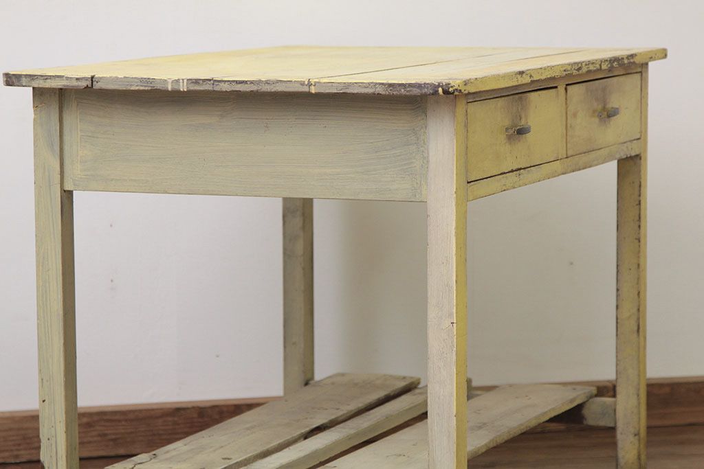 レトロ家具　★昭和レトロ 引き出し付きペイント作業台(テーブル・机)