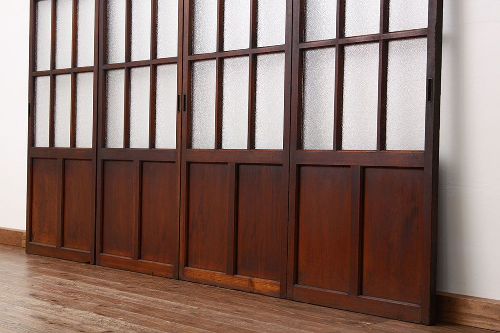 アンティーク　古い木の細身なダイヤガラス戸4枚セット(引き戸)
