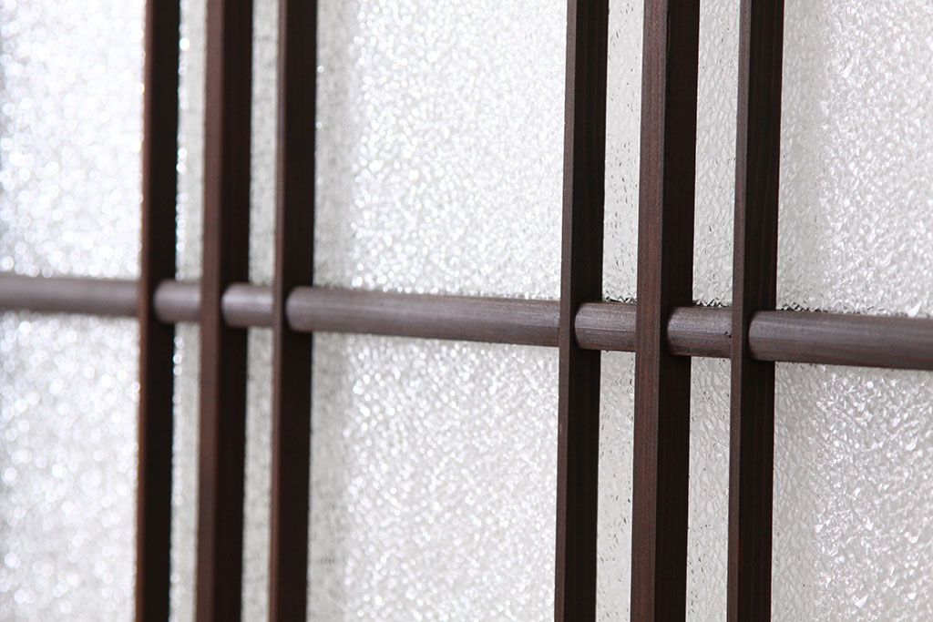 アンティーク　古い木の細身のダイヤガラス入り引き戸4枚セット(ガラス戸)