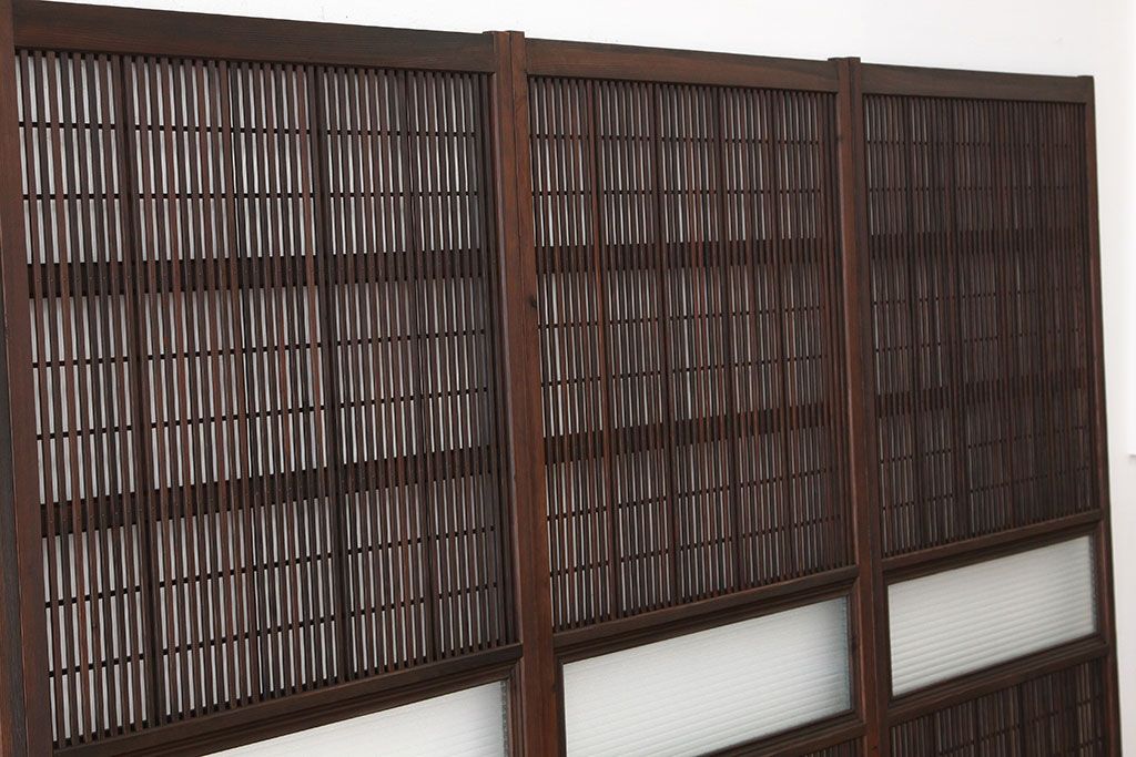 古民具・骨董　古い木の銀モールガラス格子戸4枚セット(裏障子付き引き戸)
