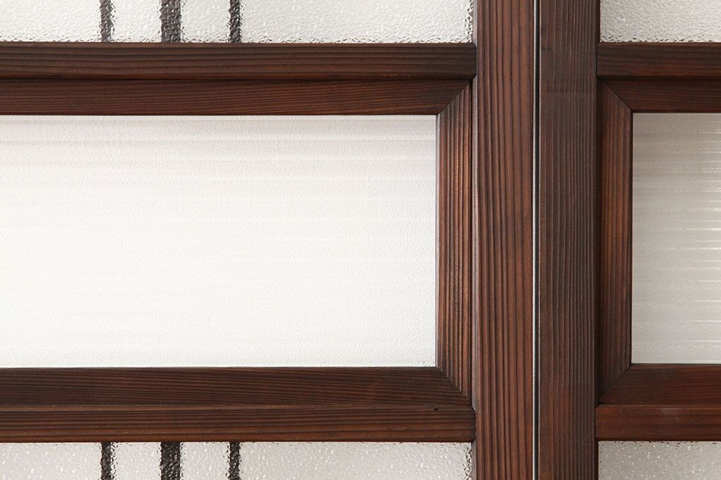 アンティーク　古い木のモールとダイヤガラス入り引き戸4枚セット(ガラス戸)