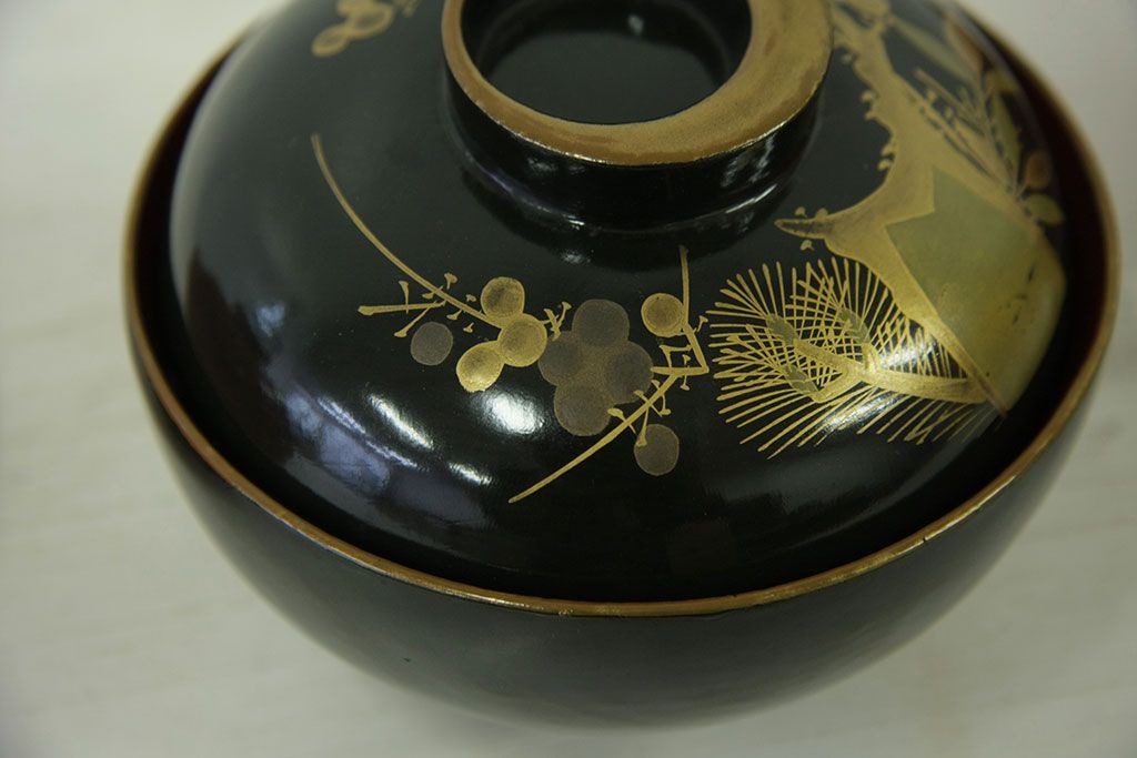 アンティーク雑貨　アンティーク　大正〜昭和初期!古い蒔絵の木製お椀16客(漆器)