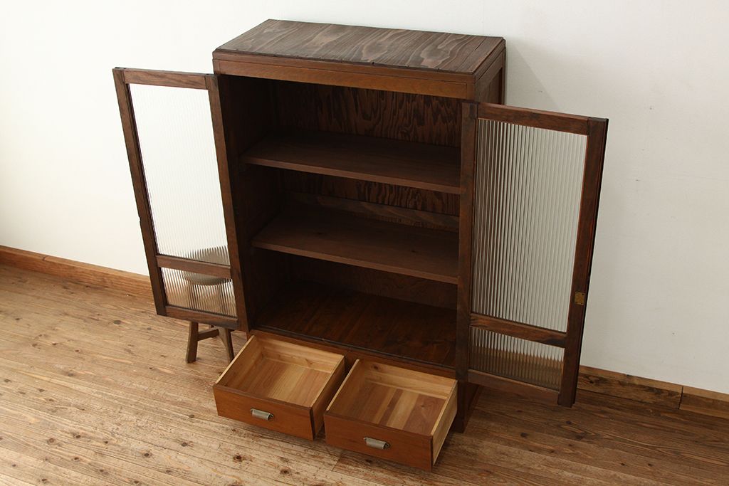 アンティーク家具　アンティーク　素敵なデザイン!古い木のシンプルなモールガラス本箱(収納棚)
