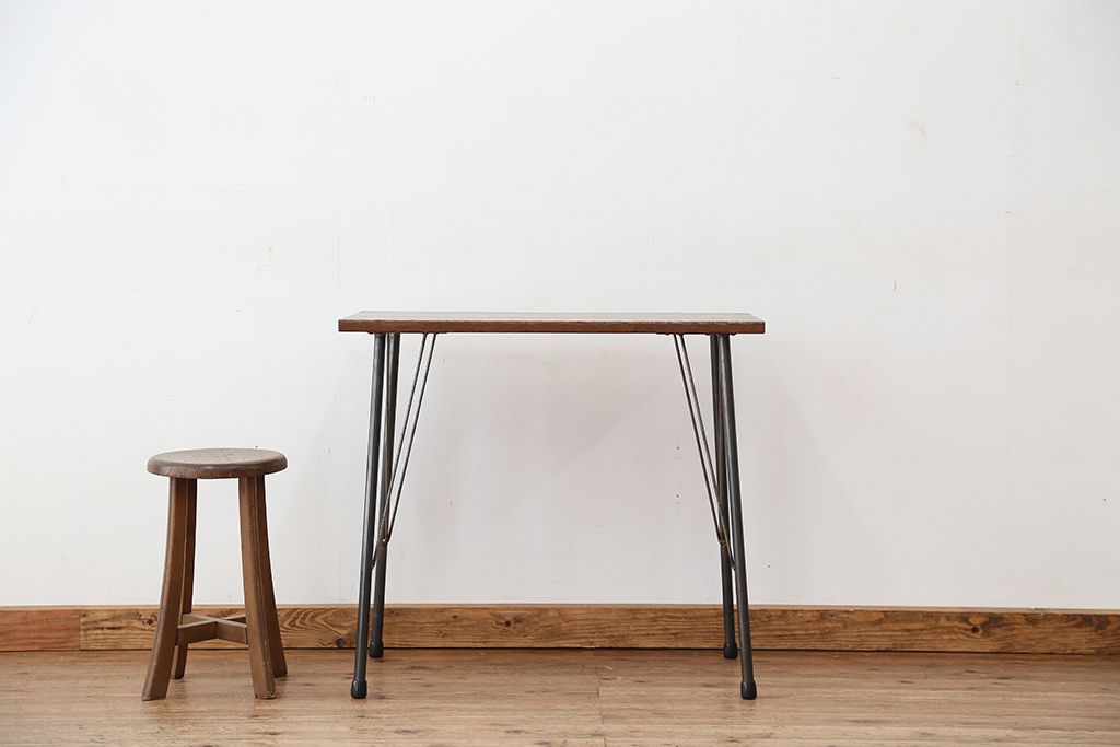 アンティーク家具　アンティーク　天板一枚板!古材を使った鉄脚テーブル(作業台・机)