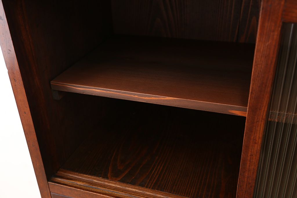 アンティーク家具　☆アンティーク　前面欅!モールガラス二段重ね食器棚(収納棚)