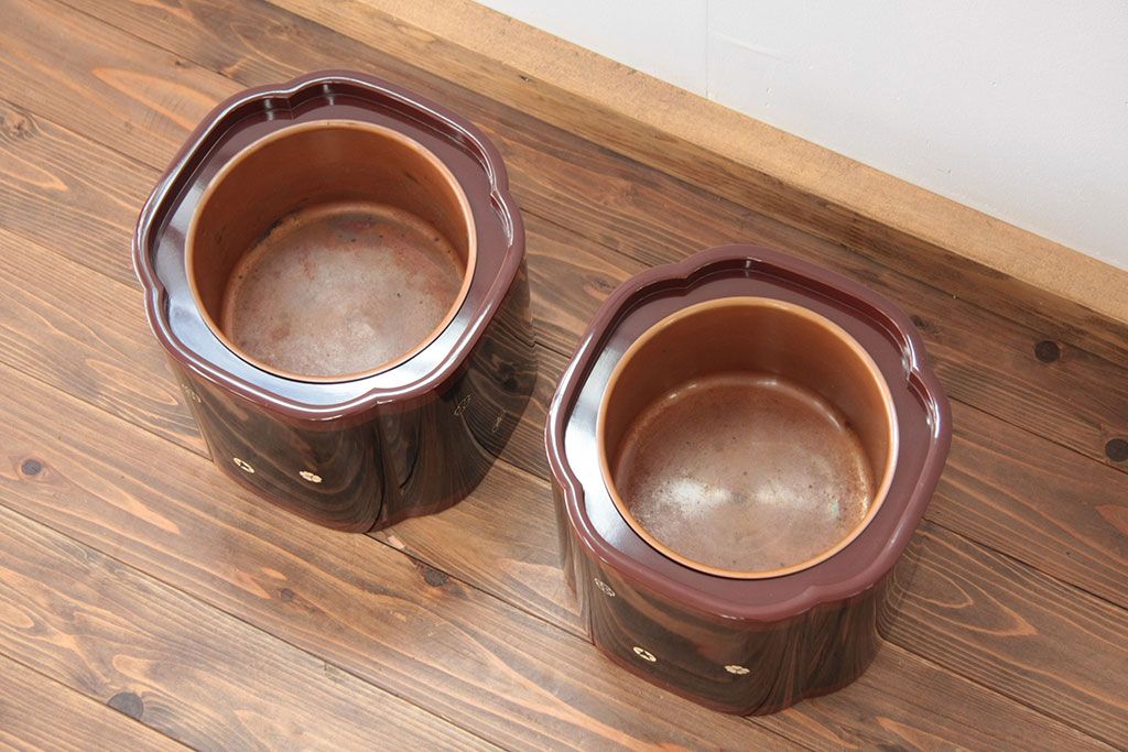 アンティーク雑貨　螺細工の漆火鉢一対(手あぶり・茶道具)