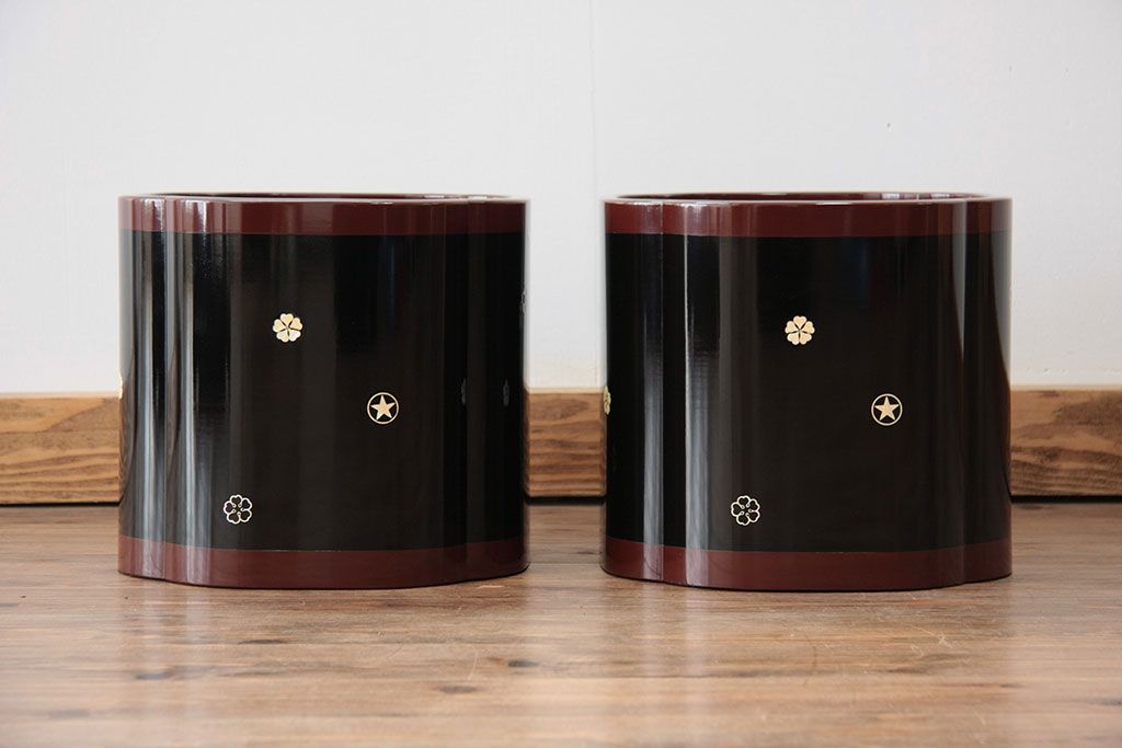 アンティーク雑貨　螺細工の漆火鉢一対(手あぶり・茶道具)