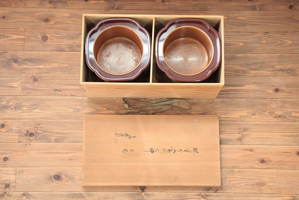 アンティーク雑貨　螺細工の漆火鉢一対(手あぶり・茶道具)