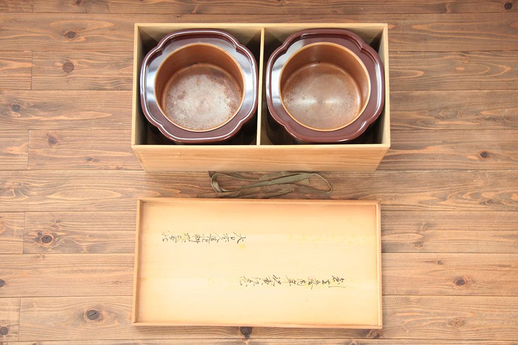 アンティーク雑貨　螺細工の漆火鉢一対(手あぶり・茶道具)