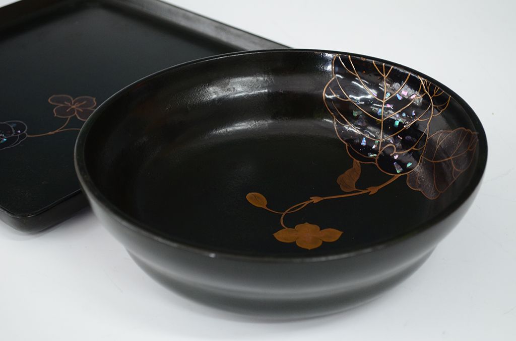 アンティーク雑貨　大正期!蒔絵の素晴らしい盆付菓子鉢(木製漆器)