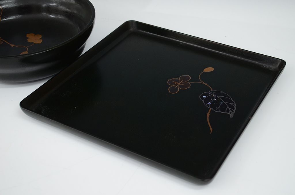 アンティーク雑貨　大正期!蒔絵の素晴らしい盆付菓子鉢(木製漆器)
