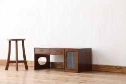 アンティーク家具　アンティーク　古い木の銀モールガラス文机(片袖机)