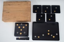 アンティーク雑貨　大正〜昭和初期　蒔絵の美しい木製菓子鉢・皿セット(漆器)