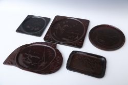 アンティーク雑貨　古民具・骨董　古い木製彫刻お盆　5枚(菓子器)