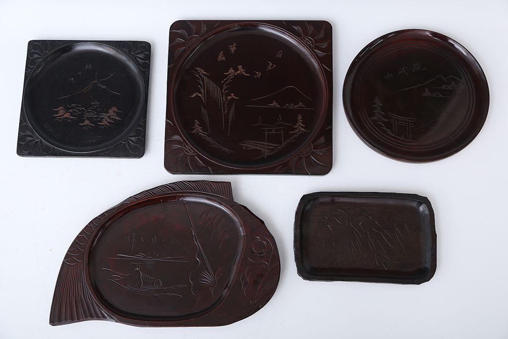 アンティーク雑貨　古民具・骨董　古い木製彫刻お盆　5枚(菓子器)