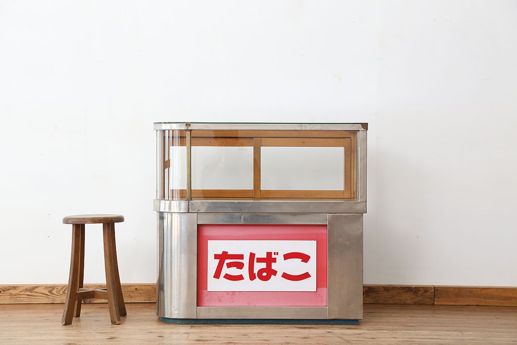 昭和家具 タバコ屋さんのガラスコーナーカウンター 赤と白の