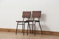 アンティーク家具　再入荷!人気の無垢板と鉄脚のイス2脚セット(4)(いす椅子アイアン)