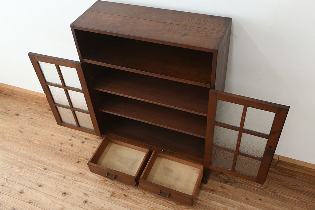 アンティーク家具　アンティーク 高級品!古い洋館の結霜ガラスナラ材本箱