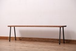 アンティーク家具　☆天板一枚板!古い木の鉄脚長イス(4)(ベンチ・長椅子)