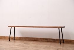 アンティーク家具　☆天板一枚板!古い木の鉄脚長イス(7)(ベンチ・長椅子)