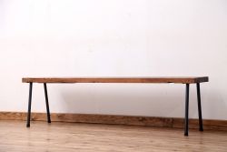 アンティーク家具　☆天板一枚板!古いケヤキ材の鉄脚ベンチ(長イス・長椅子)?