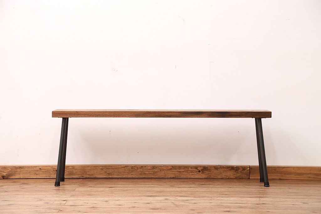アンティーク家具　☆天板一枚板!古いケヤキ材の鉄脚ベンチ(長イス・長椅子)?
