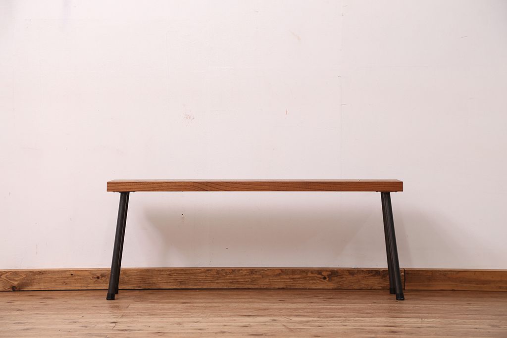 アンティーク家具　☆天板一枚板!古いケヤキ材の鉄脚ベンチ(長イス・長椅子)?