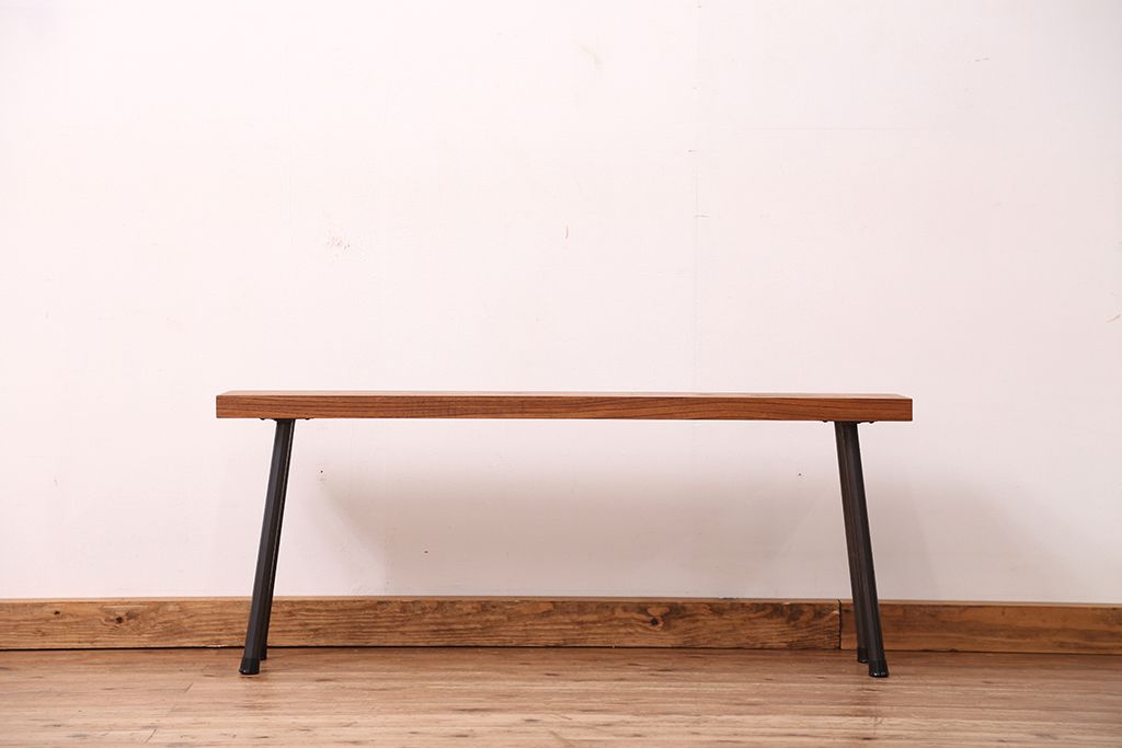 アンティーク家具　☆天板一枚板!古いケヤキ材の鉄脚ベンチ(長イス・長椅子)?