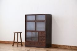 美品!前面桑材の美しい結霜ガラス茶箪笥(収納棚・食器棚)　