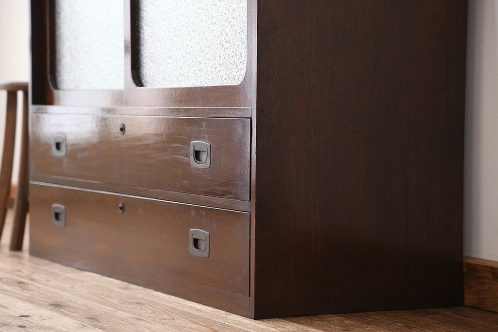アンティーク家具　高級品!古いナラ材のダイヤガラスローボード(ローチェスト)
