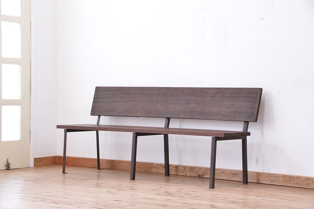 アンティーク家具　古材無垢材を使った背もたれ付シンプル長イス・ベンチ(長椅子)(大)