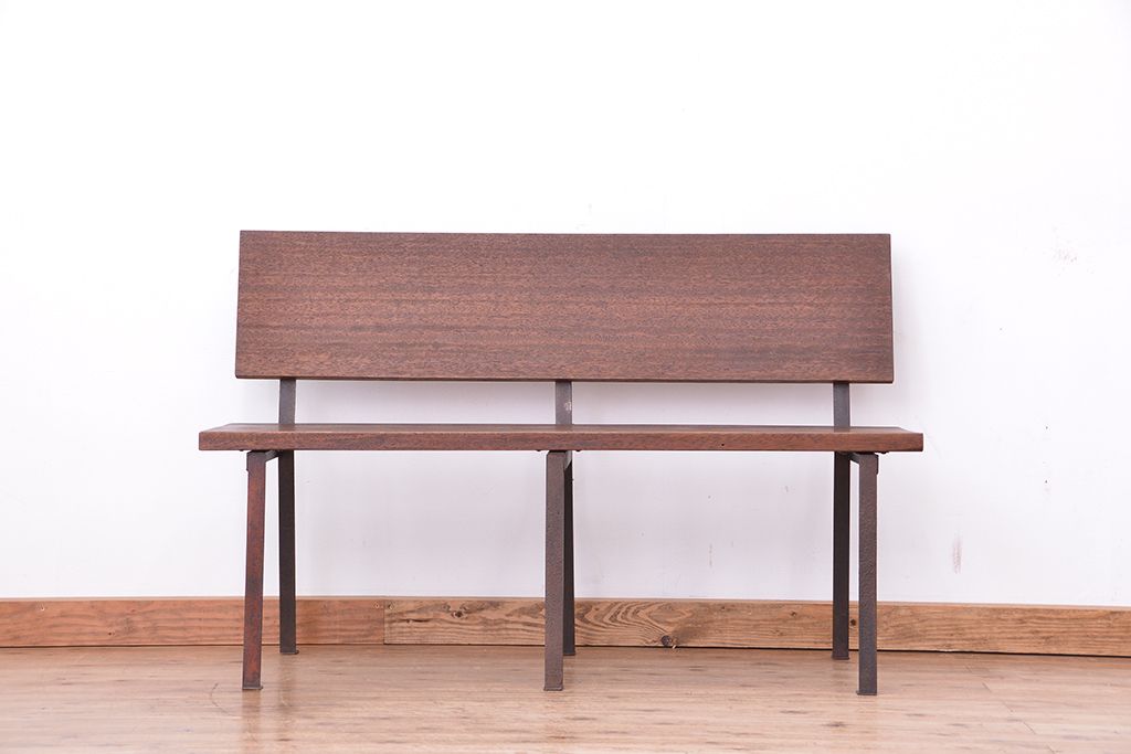 アンティーク家具　アンティーク　古材無垢材を使った背もたれ付シンプル長イス・ベンチ(長椅子)(中)(3)