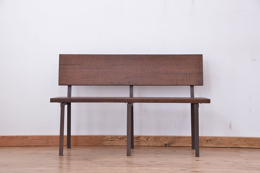 アンティーク家具　★古材無垢材を使った背もたれ付シンプル長イス・ベンチ(長椅子)(中)