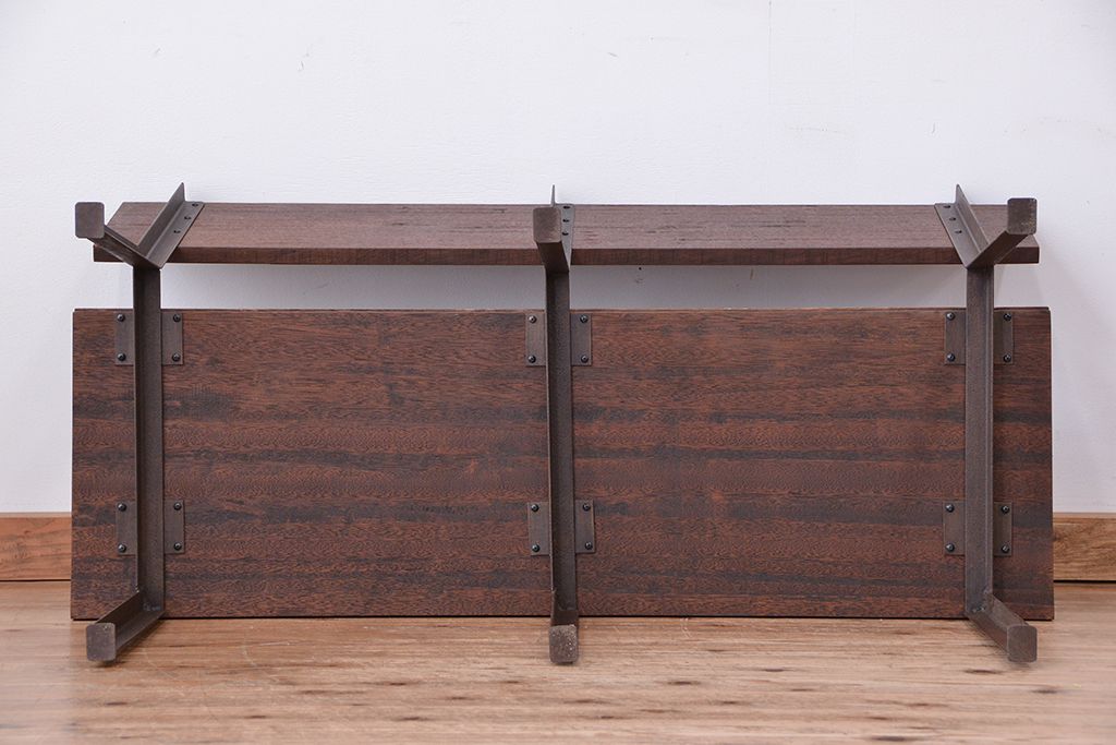 アンティーク家具　★古材無垢材を使った背もたれ付シンプル長イス・ベンチ(長椅子)(中)