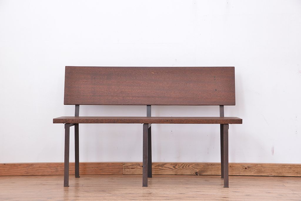 アンティーク家具　アンティーク　古材無垢材を使った背もたれ付シンプル長イス・ベンチ(長椅子)(中)(2)